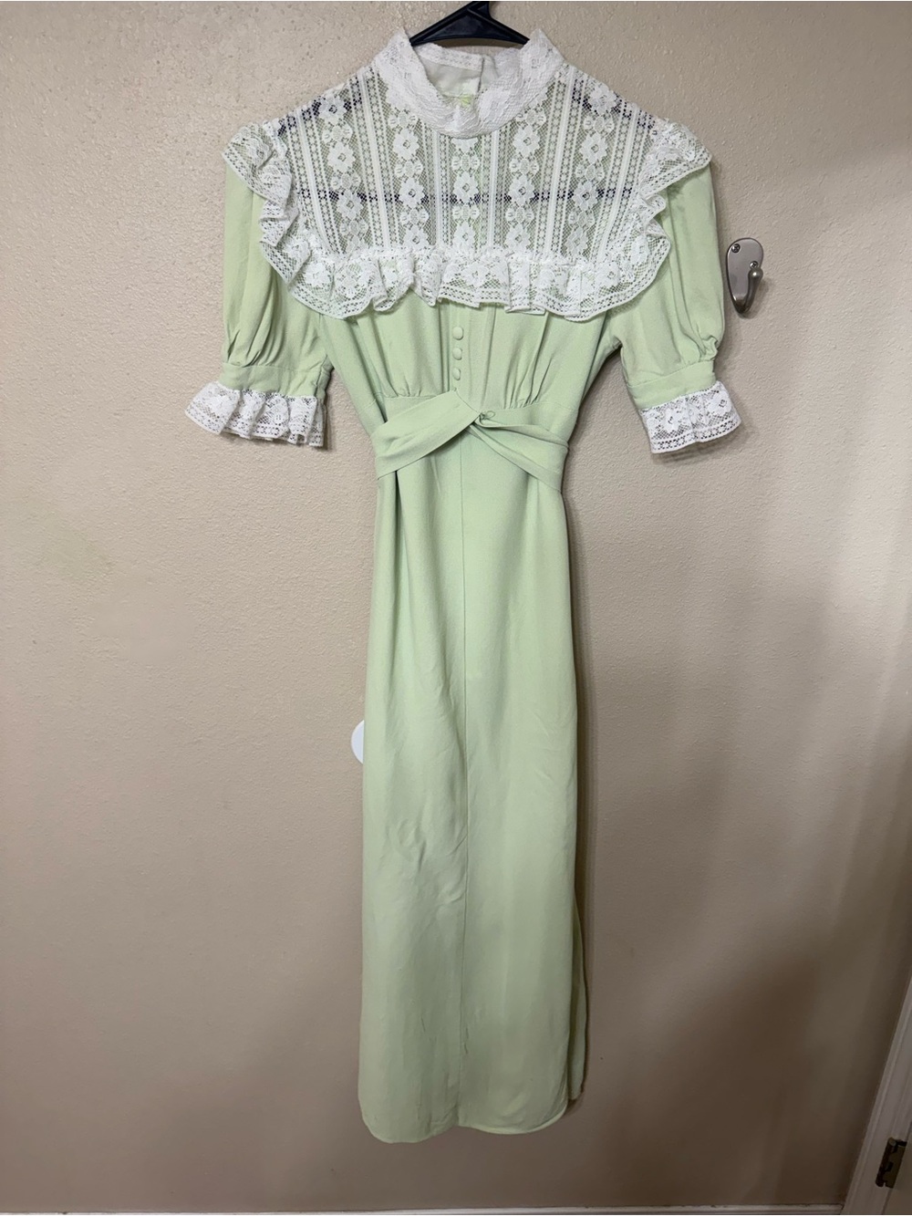 Vintage 1960s Mint Green Lace Prairie Maxi Dress Handmade Cottagecore XS XXS